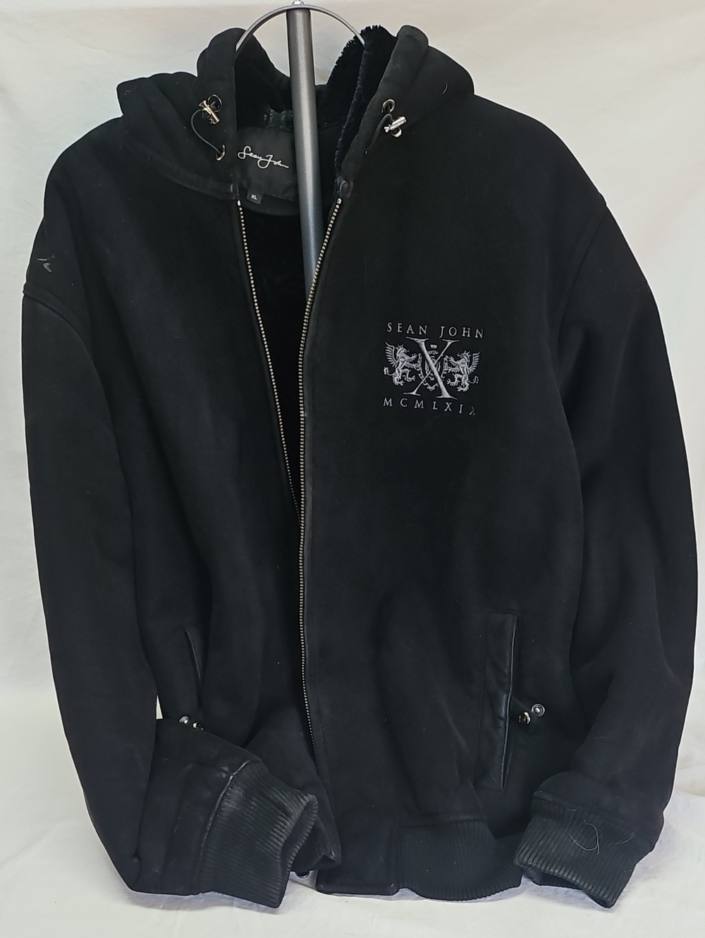 Sean John Black Hooded Zip Jacket with Crest Faux Fur